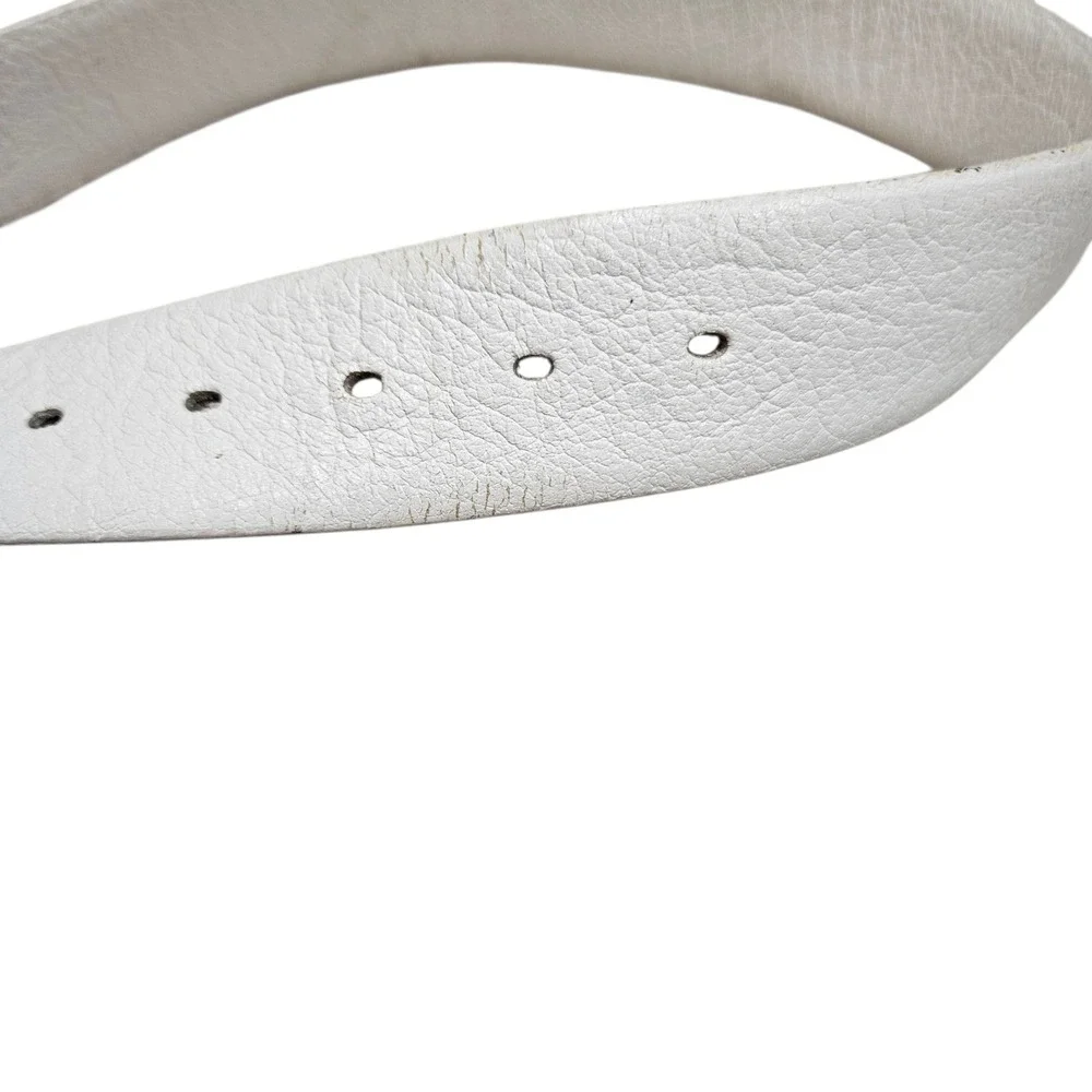 Vintage Lejon 80s 90s White Leather Belt Shrunken Grain Cowhide Silver Buckle 34